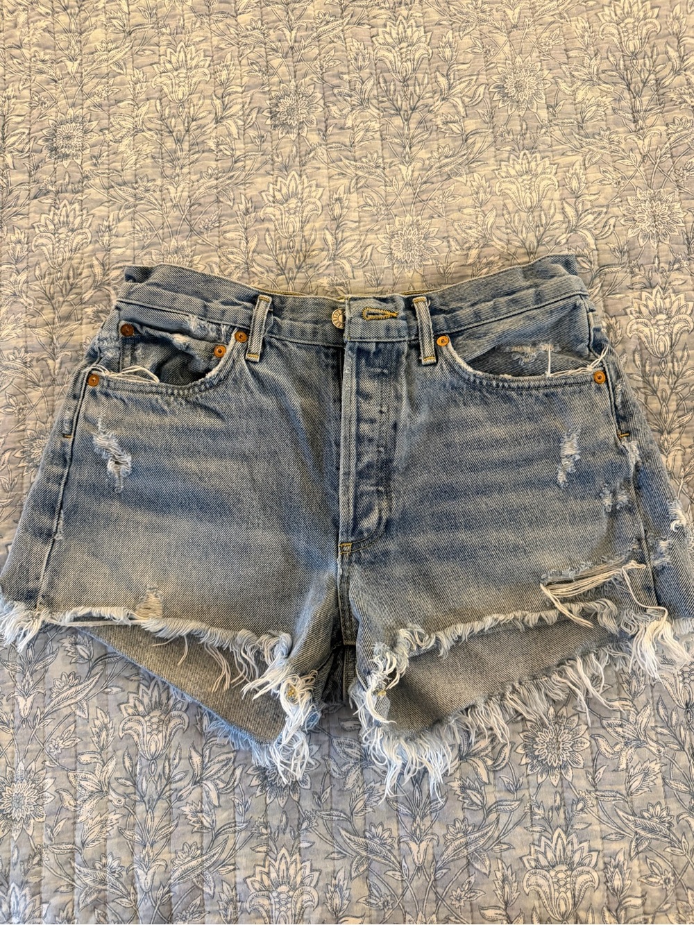 Agolde Light Blue High-Rise Frayed Denim Shorts